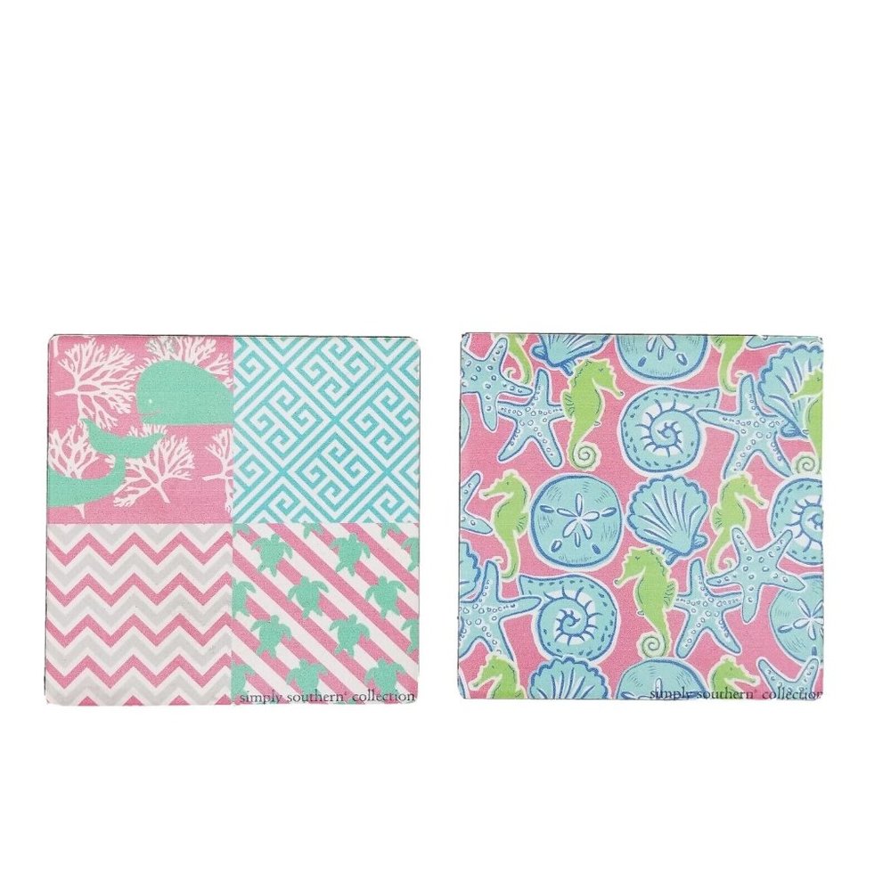 Simply Southern ThirstyStone Coasters LOT OF 2 Square Cork Back Colorful Coastal